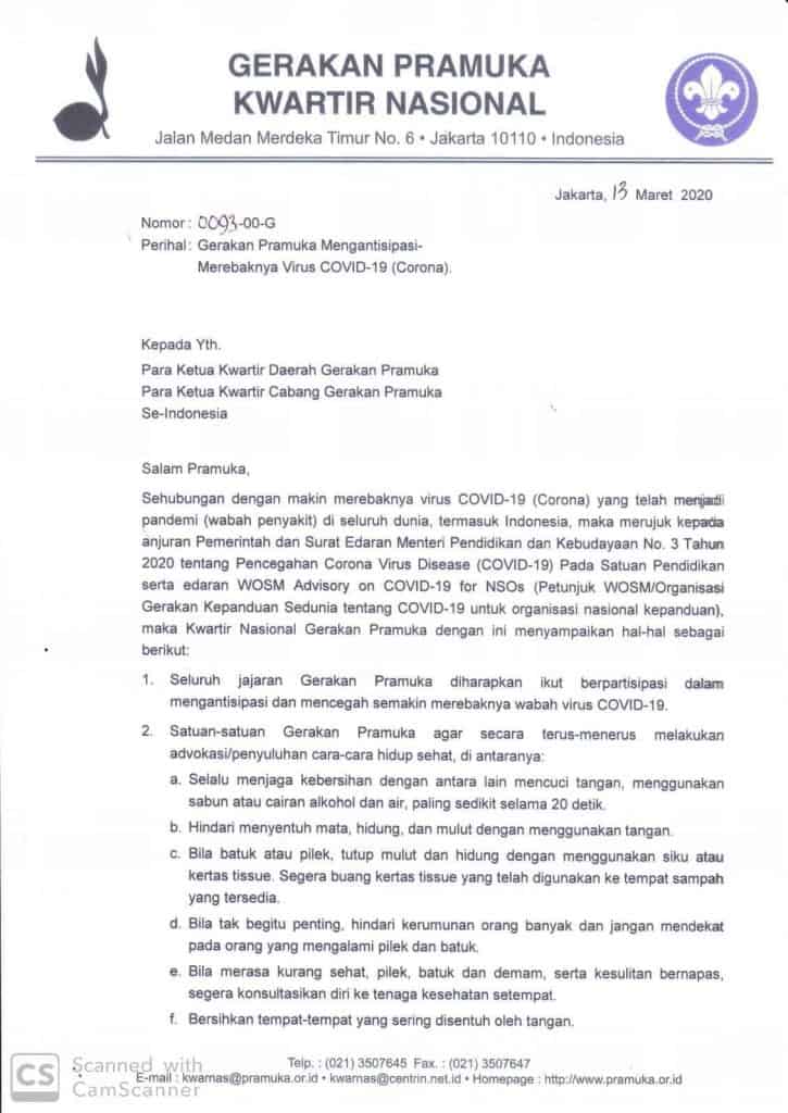 Kwartir Nasional Mengimbau Seluruh Jajaran Gerakan Pramuka Melakukan Anti sipasi Wabah Virus Corona