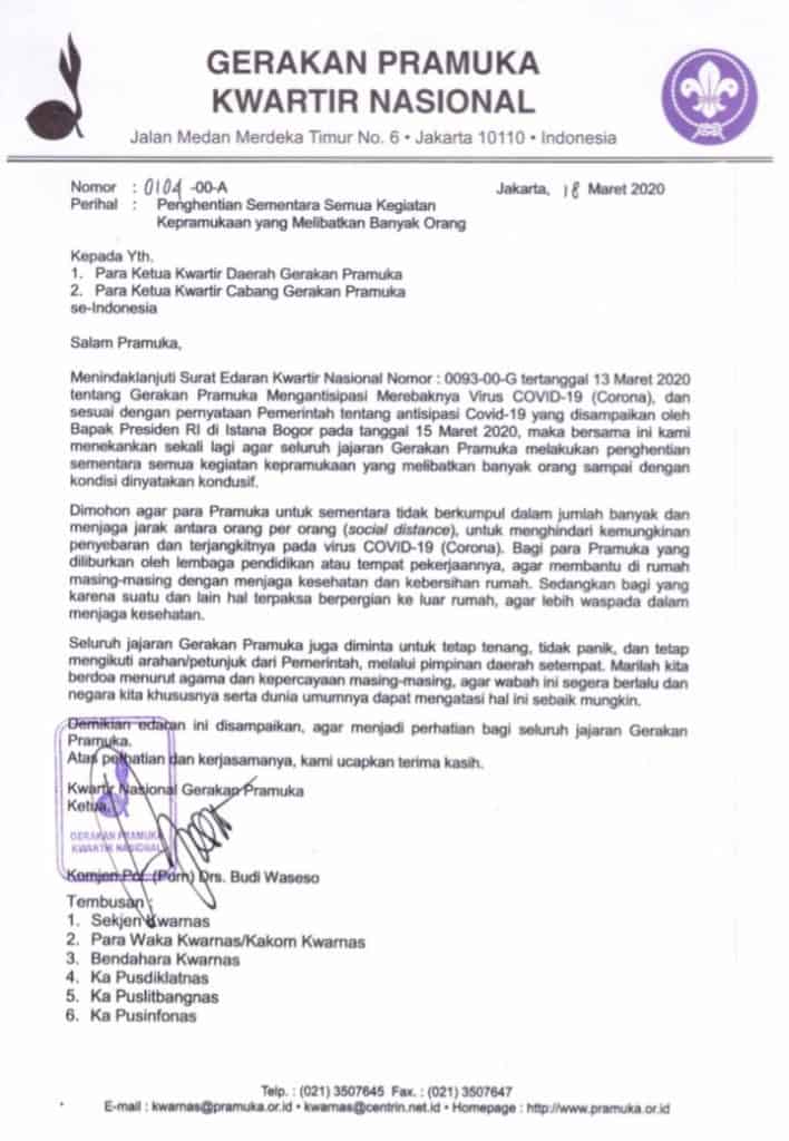 Seluruh Jajaran Gerakan Pramuka Wajib Menghentikan  Sementara Semua Kegiatan yang Melibatkan Banyak Orang