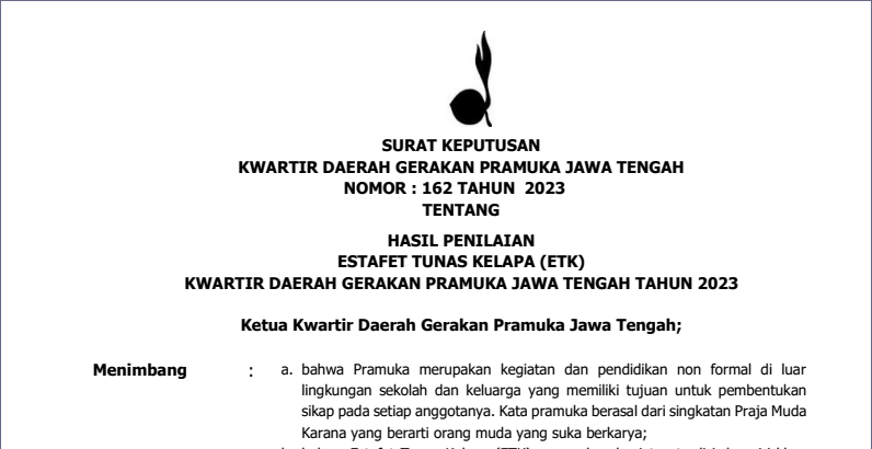 Hasil Penilaian Estafet Tunas Kelapa (ETK) Kwartir Daerah Gerakan Pramuka Jawa Tengah Tahun 2023 Hasil Penilaian Estafet Tunas Kelapa (ETK) Kwartir Daerah Gerakan Pramuka Jawa Tengah Tahun 2023